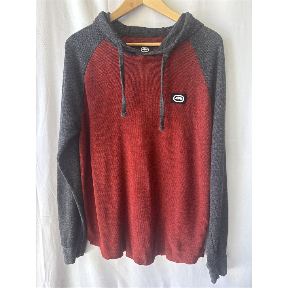 Ecko Unltd Sweatshirt Men's Sz Large Red Gray Waffle Knit Hoodie Light Pullover